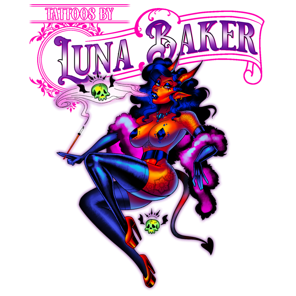 Luna Baker is a Toronto based, queer tattoo artist that does drag to elevate their artwork. Luna does art vendor popups at local drag shows and queer events to connect with the ink lovers and art enjoyers in our community.